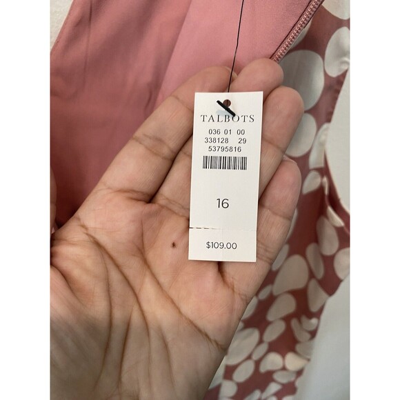 NWT TALBOTS RUFFLE NECK POPLIN SHIFT DRESS POLKA DOT Mauve Cotton Sz 16 - Picture 5 of 8